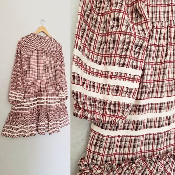 Dear John Plaid Ribbon Trim Tiered Mini Dress S Balloon Sleeves Cottagecore Boho - Picture 8 of 16